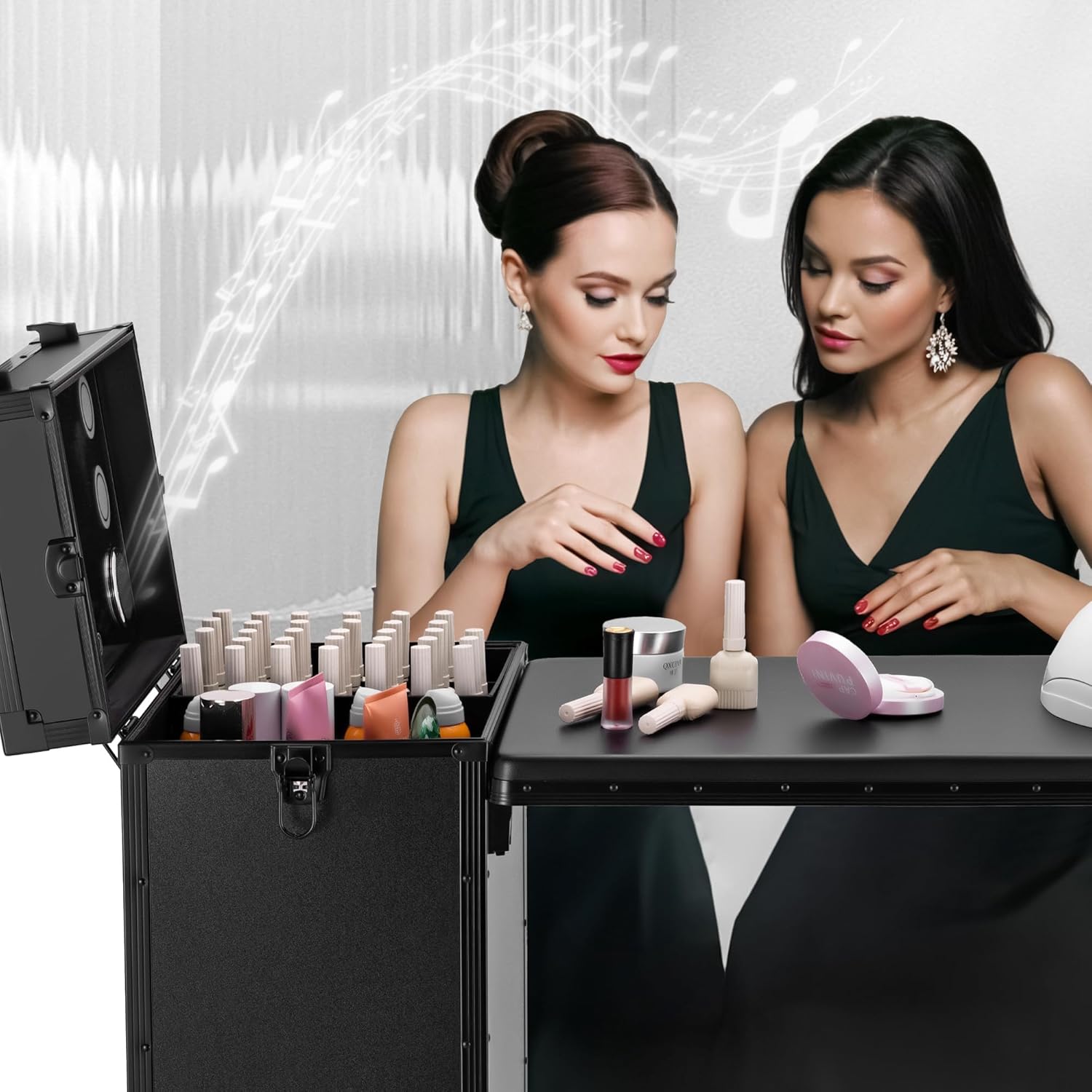Rolling Manicure Table with Drawers, Bluetooth Speaker, LED Mirror, TSA Lock
