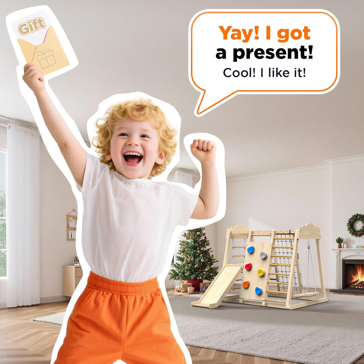 8-in-1 Indoor Wooden Jungle Gym with Slide, Swing & Monkey Bars