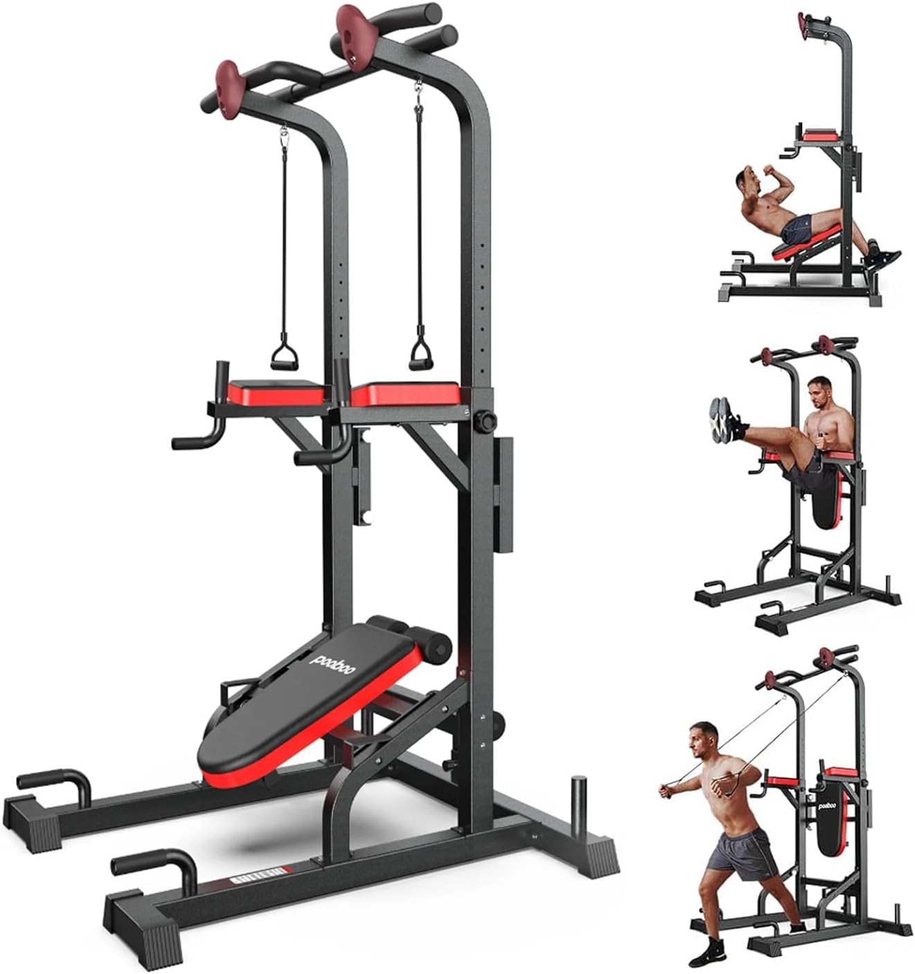 Pooboo Power Tower Dip Station, Pull-Up Bar, Supine Board, Adjustable