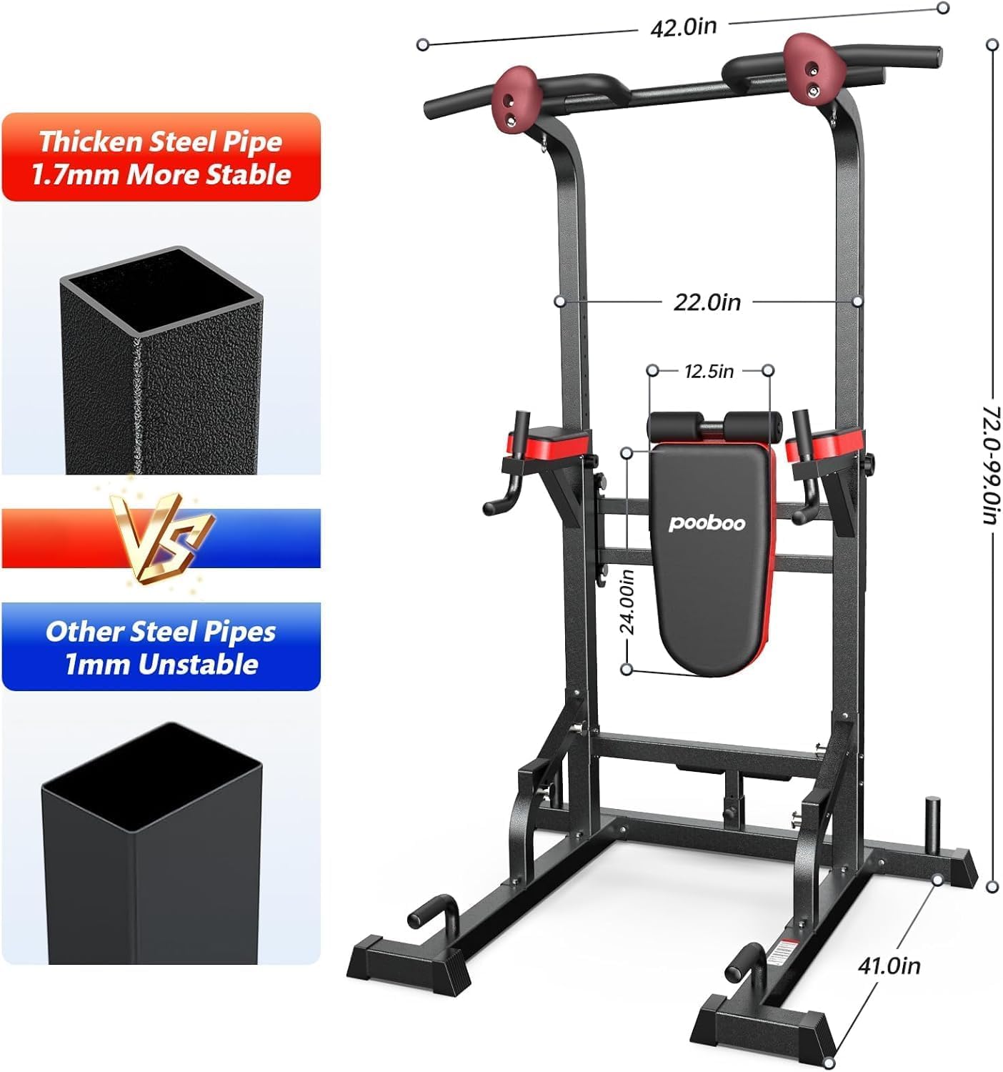 Pooboo Power Tower Dip Station, Pull-Up Bar, Supine Board, Adjustable