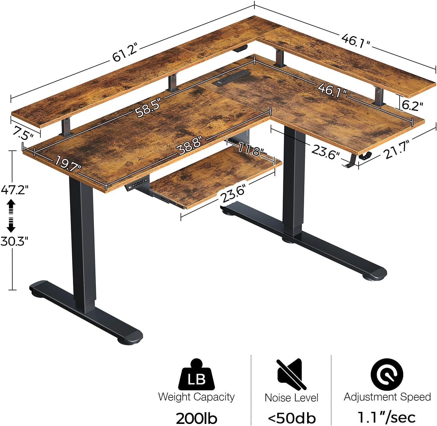 Rolanstar L-Shaped Electric Standing Desk, LED, Dual Motor, 61.2