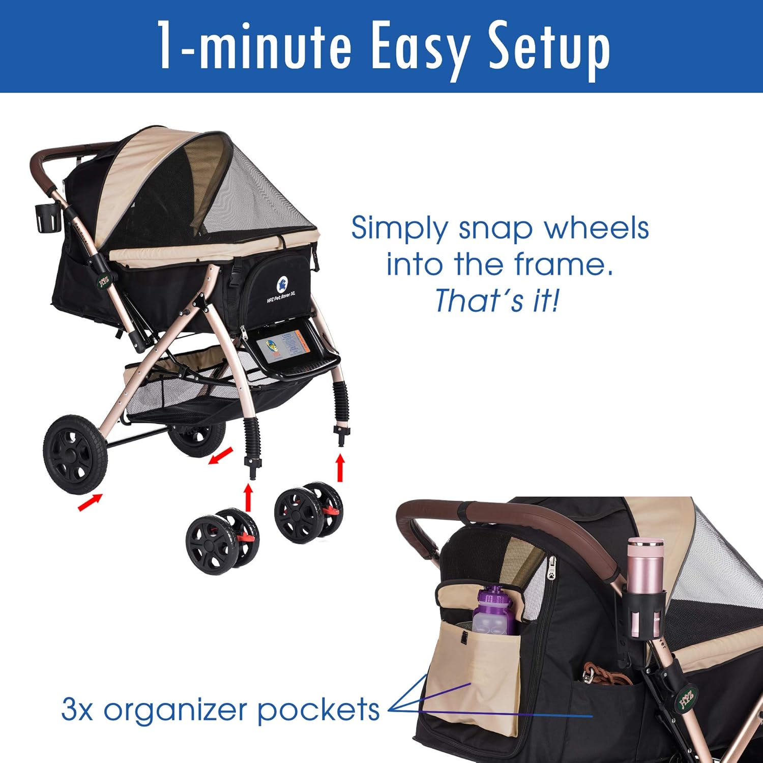 XL Heavy Duty Pet Stroller Travel Carriage, Taupe, 2nd Gen