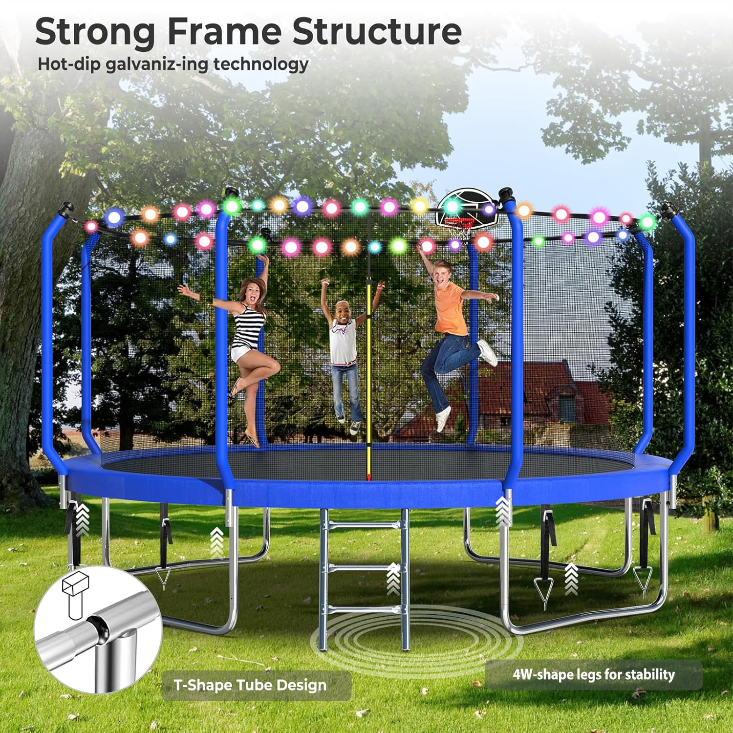 Upgraded Backyard Trampoline with Hoop, Light, Sprinkler, 8–14FT