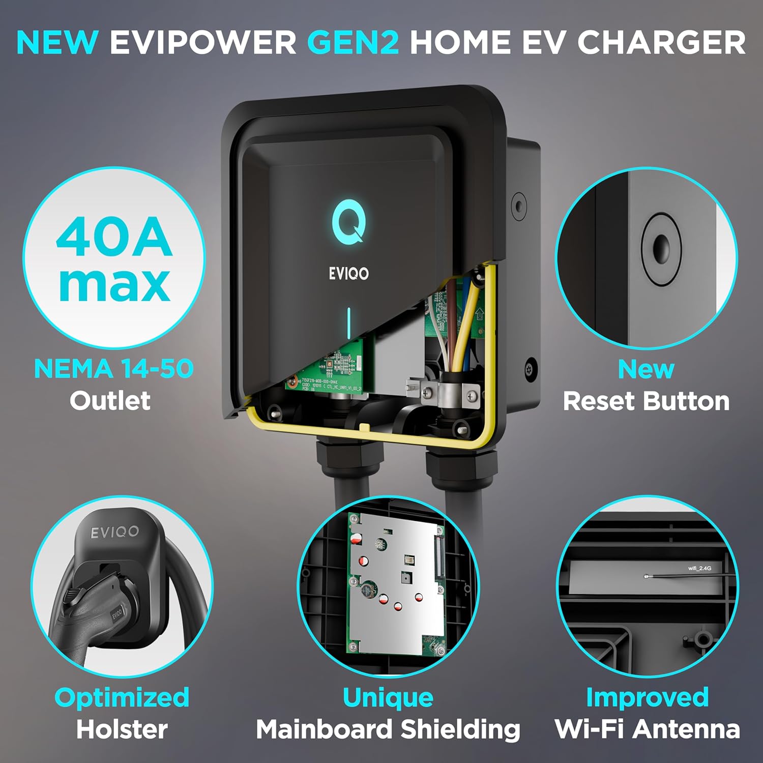 EVIQO Level 2 EV Charger, 40A, NEMA 14-50, J1772, Wi-Fi