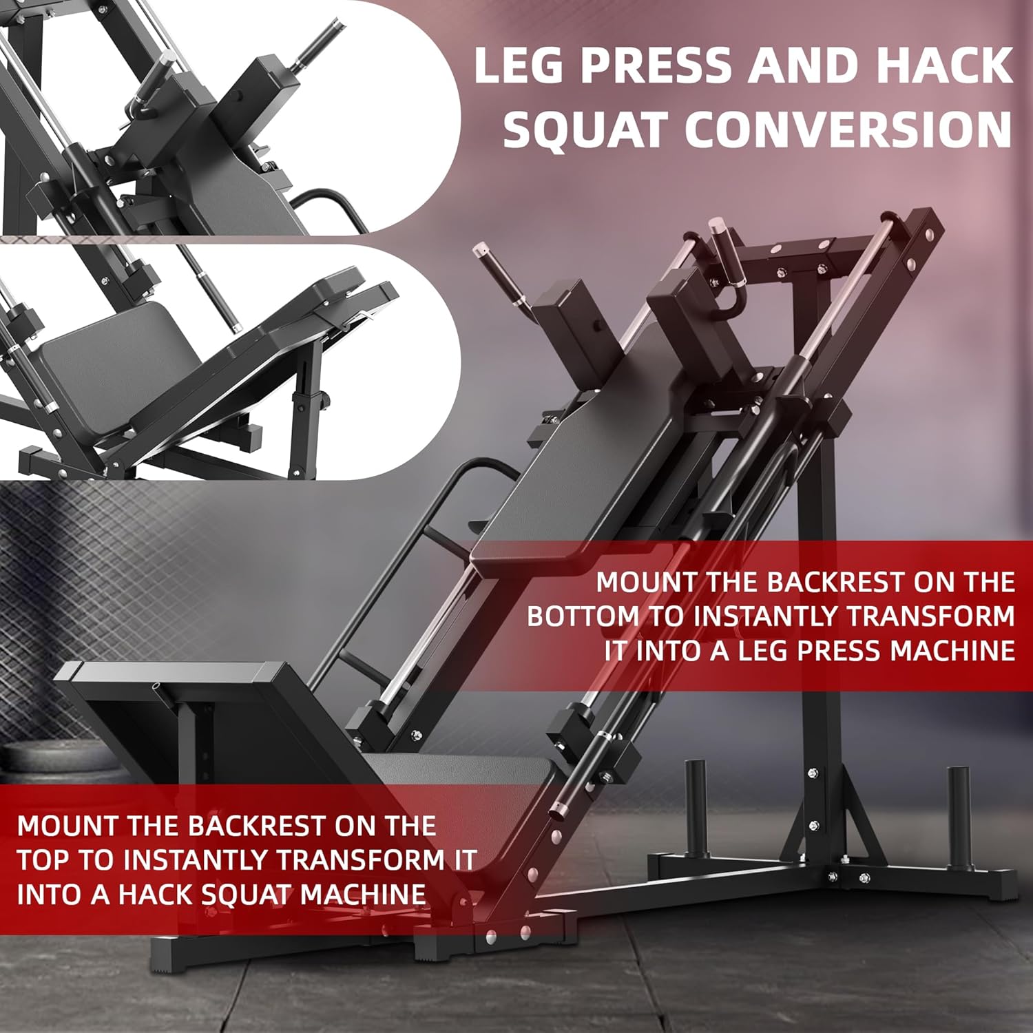 Leg Press Hack Squat Machine, 1100lb Capacity, Plate Loaded, Black