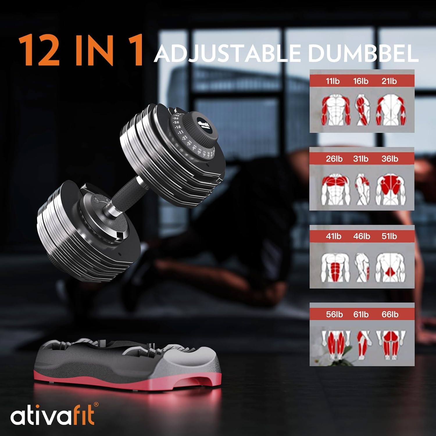 Ativafit Adjustable Dumbbell Set, 27.5–88lbs, Quick Dial, Space Saving