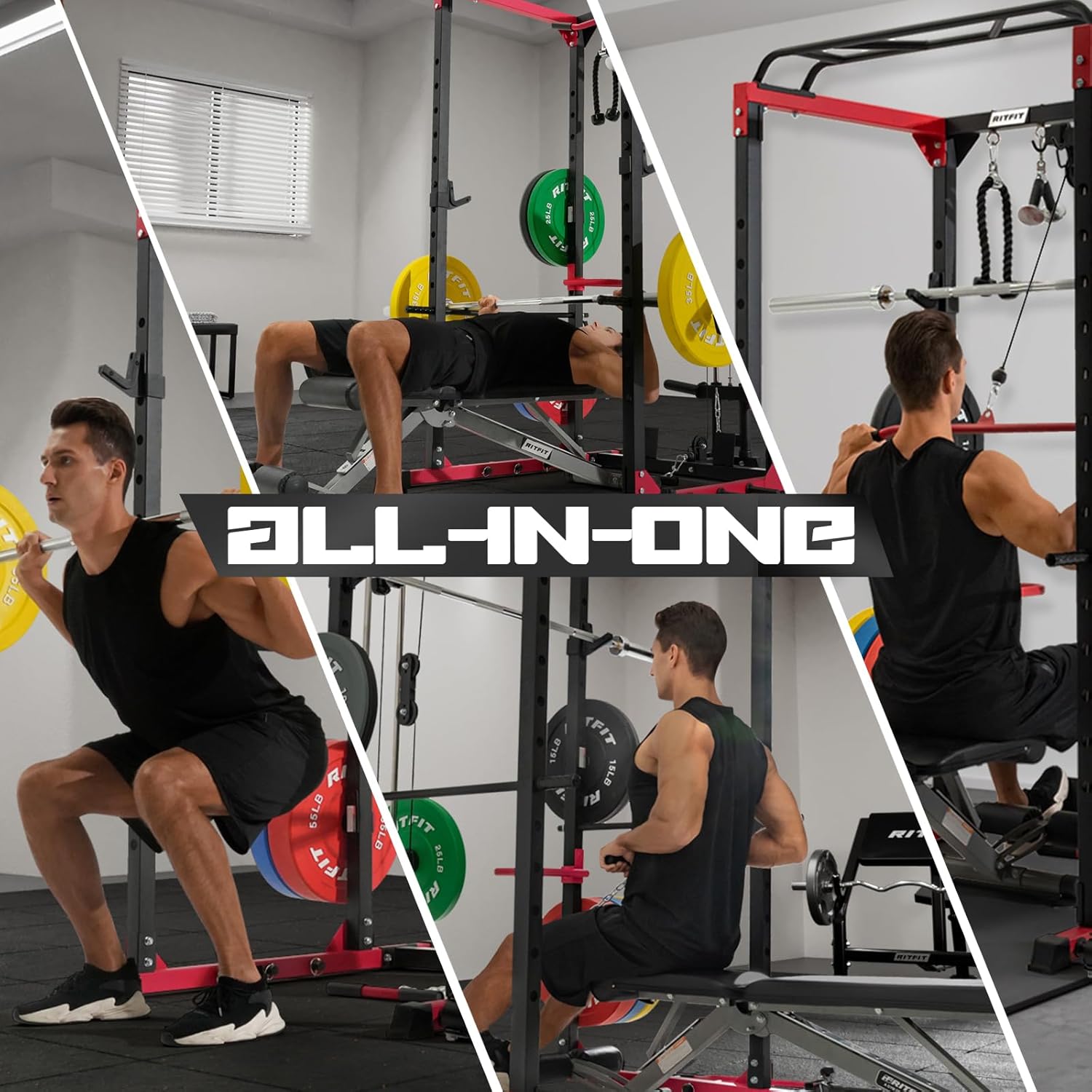 RitFit All-in-One Squat Rack, 1000lbs, LAT Pulldown, Dip Bar