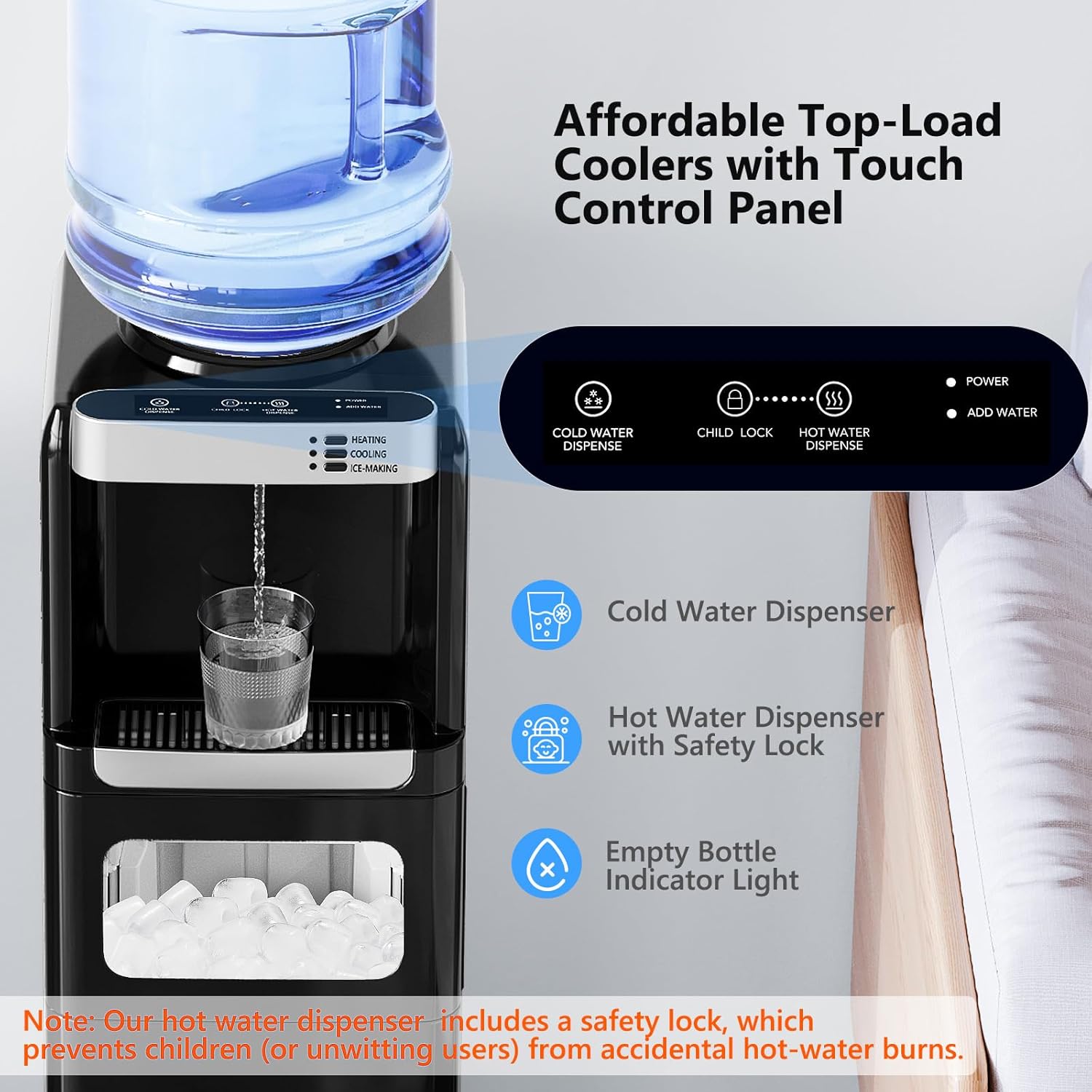 Top Loading Water Dispenser with Ice Maker, Hot & Cold, 5 Gallon, Child Lock, Black