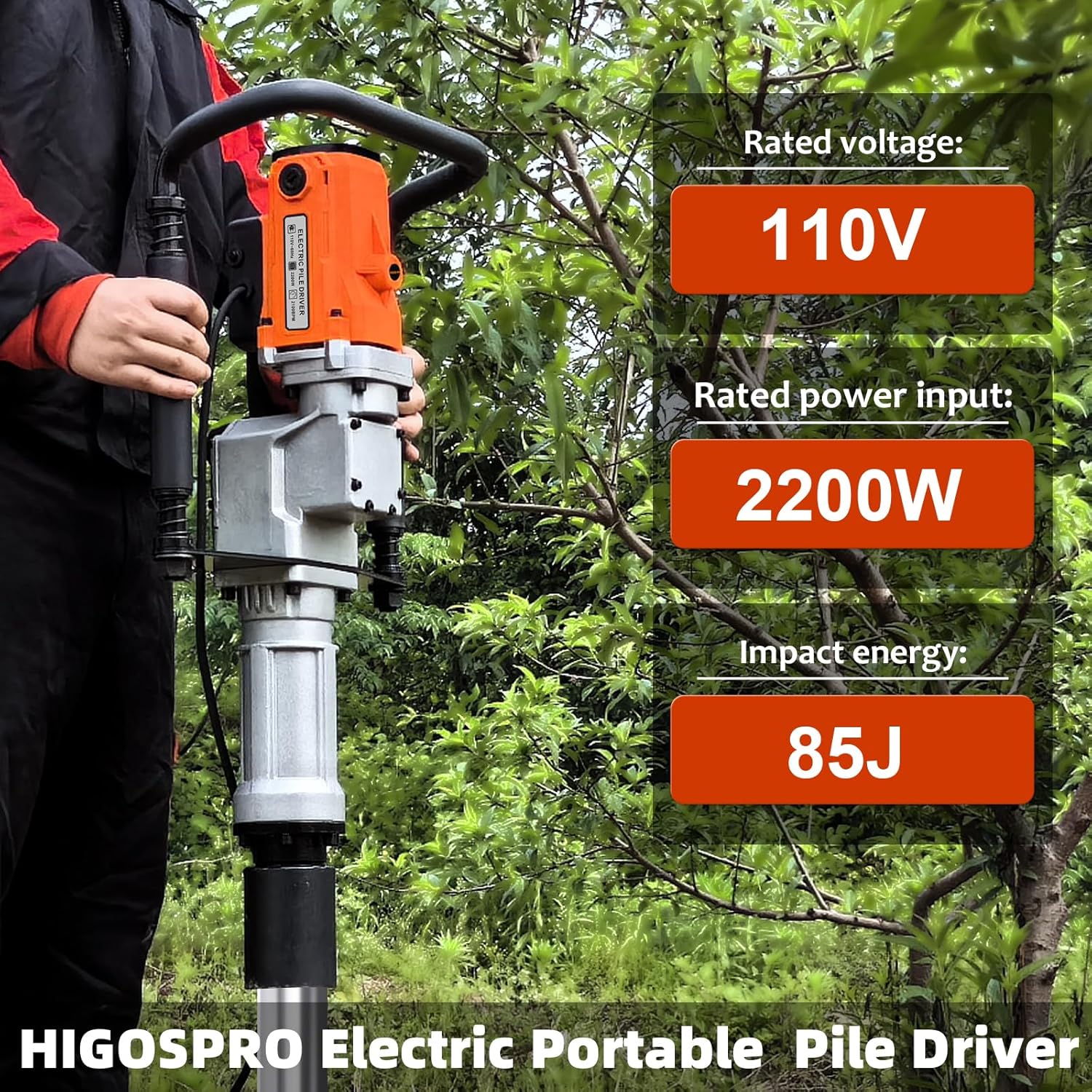 2200W Electric T Post Driver, 110V, Handheld Pile Hammer
