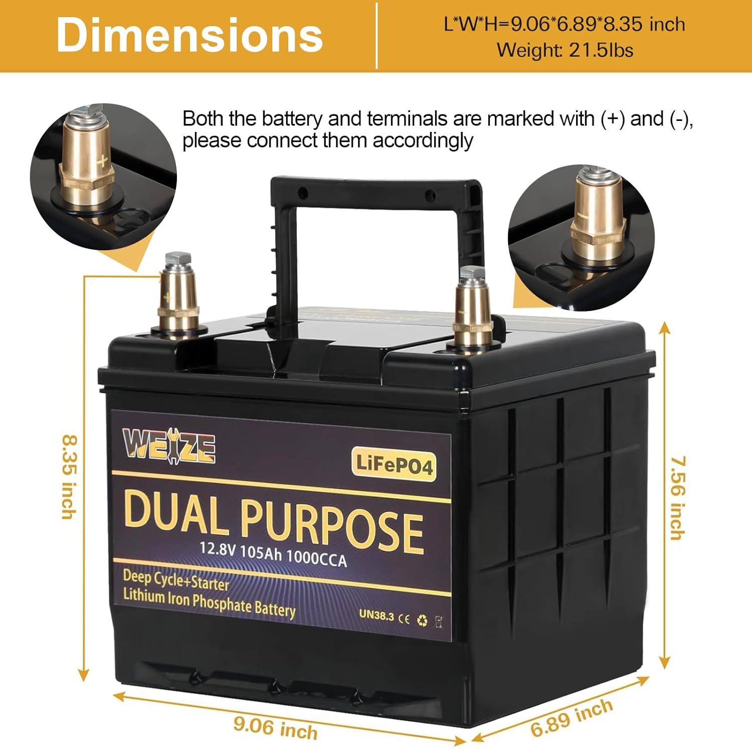 WEIZE 12V 105AH LiFePO4 Battery, Dual Purpose, Smart BMS