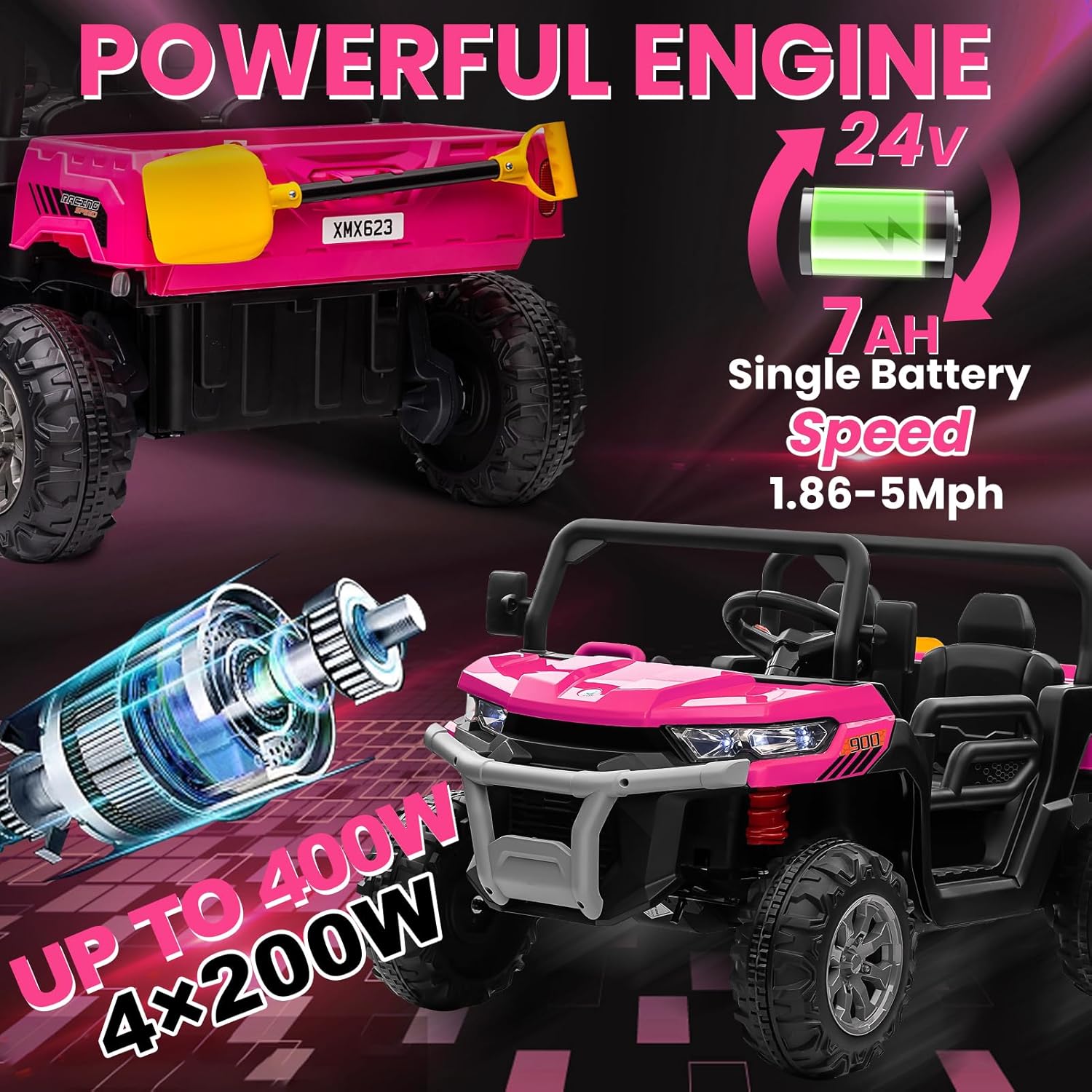 24V 4WD Ride-On Truck, 4x200W Motor, Dump Bed, Remote, Pink