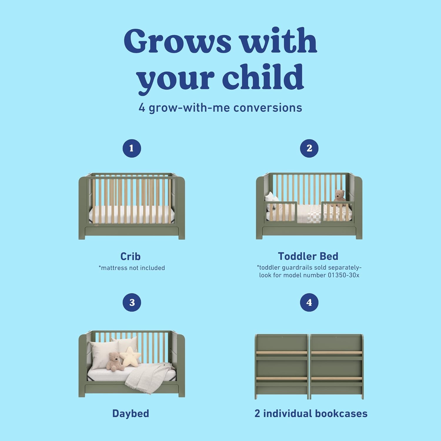 Graco Read-with-Me 4-in-1 Convertible Crib with Drawer, Olive/Driftwood