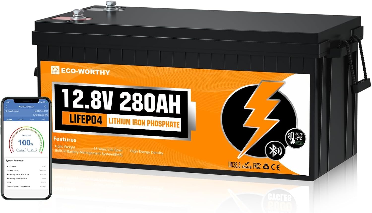 ECO-WORTHY 12V 280Ah LiFePO4 RV Battery, 3584Wh, Bluetooth, 200A BMS