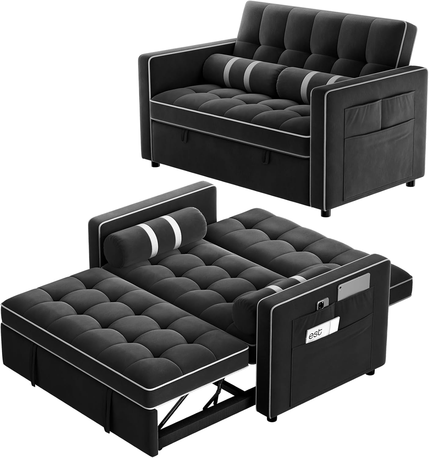 Pipishell 3-in-1 Sleeper Sofa Bed with USB & Side Pockets, Black