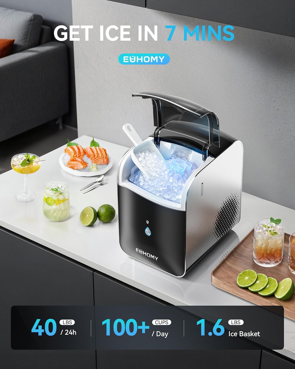 EUHOMY Smart Nugget Ice Maker, 40lbs/Day, APP Control, Countertop