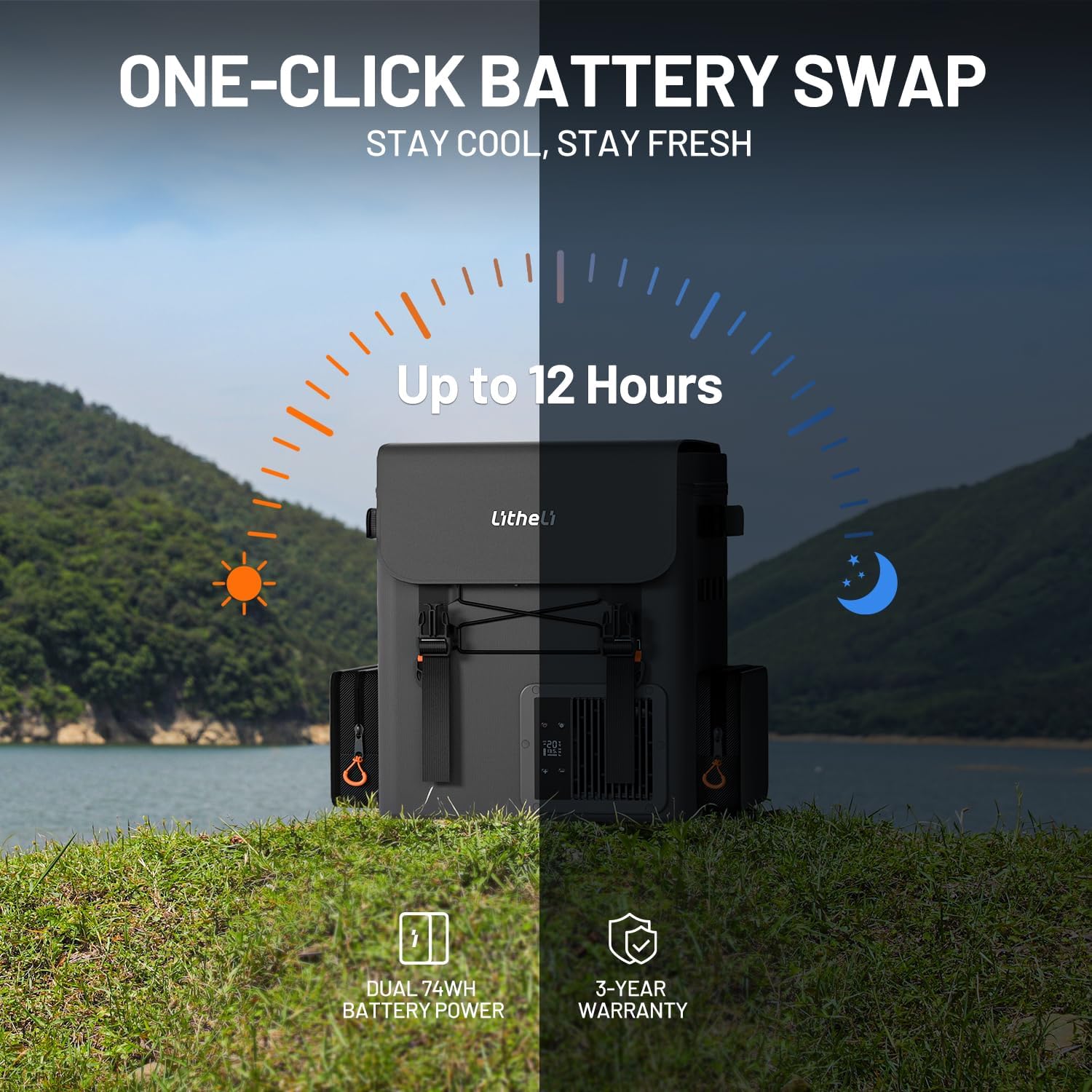 LiTHELi 12V 21Qt Car Refrigerator with 2 Batteries, SE Grey