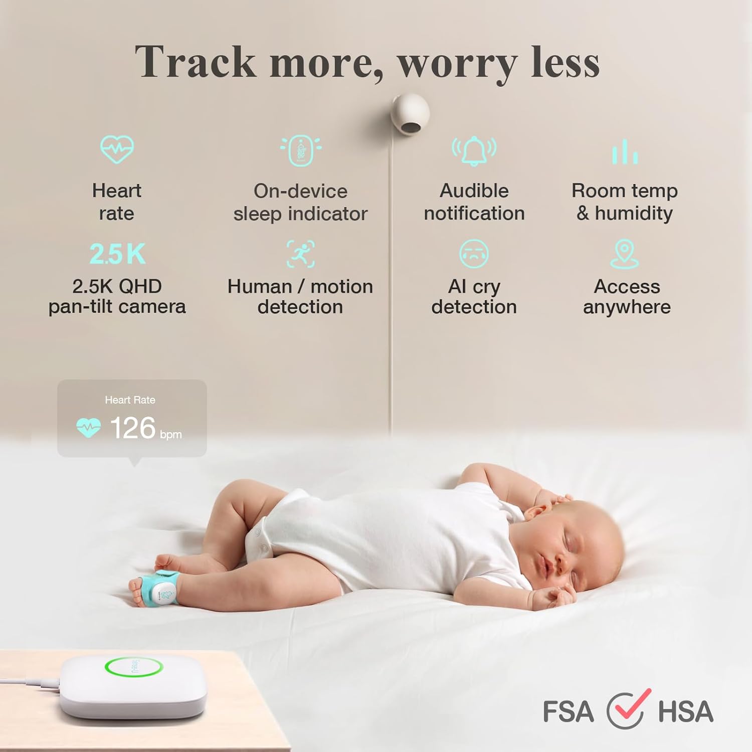 Sense-U Baby Sock Monitor Bundle with 2.5K PTZ Camera, AI Cry Detection