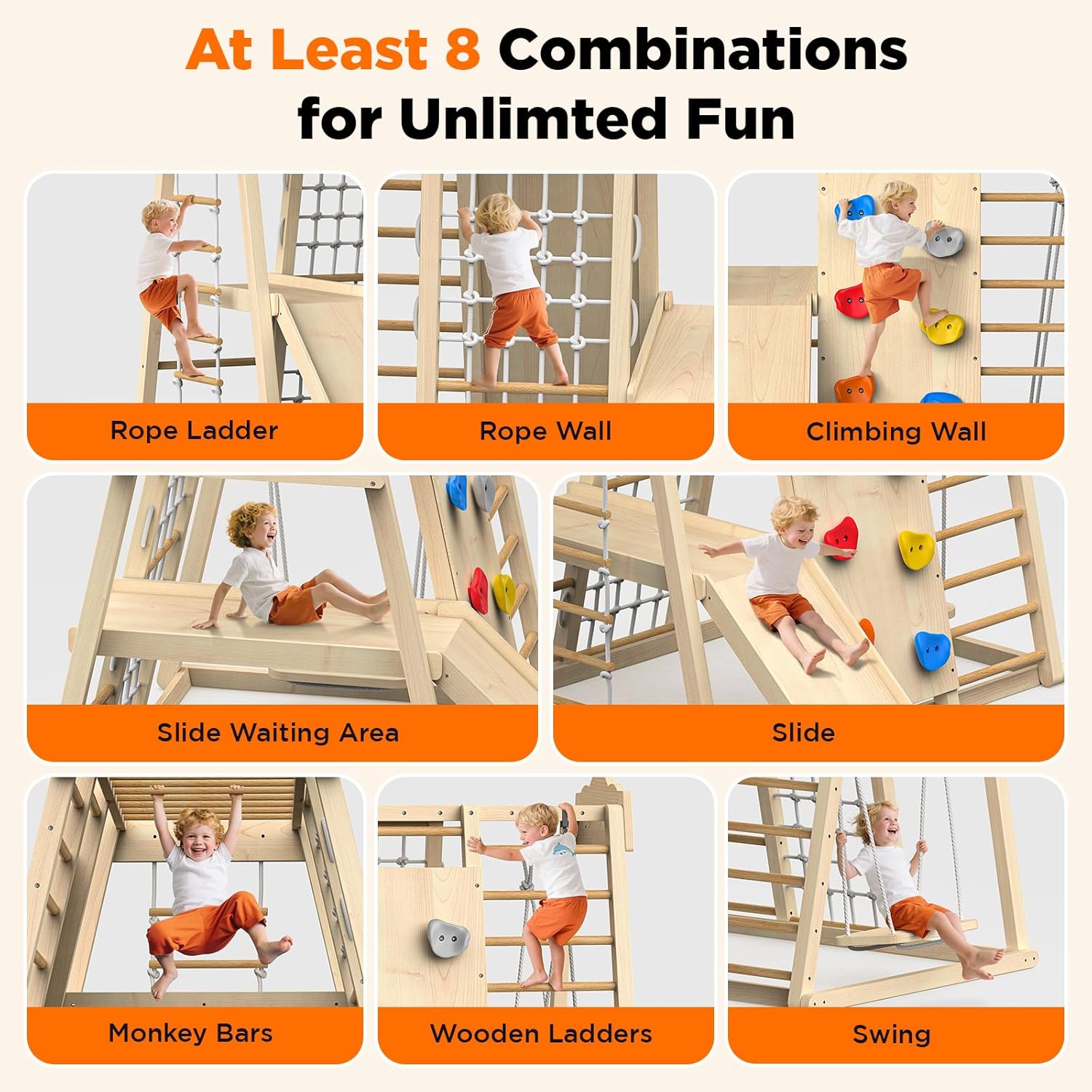 8-in-1 Indoor Wooden Jungle Gym with Slide, Swing & Monkey Bars