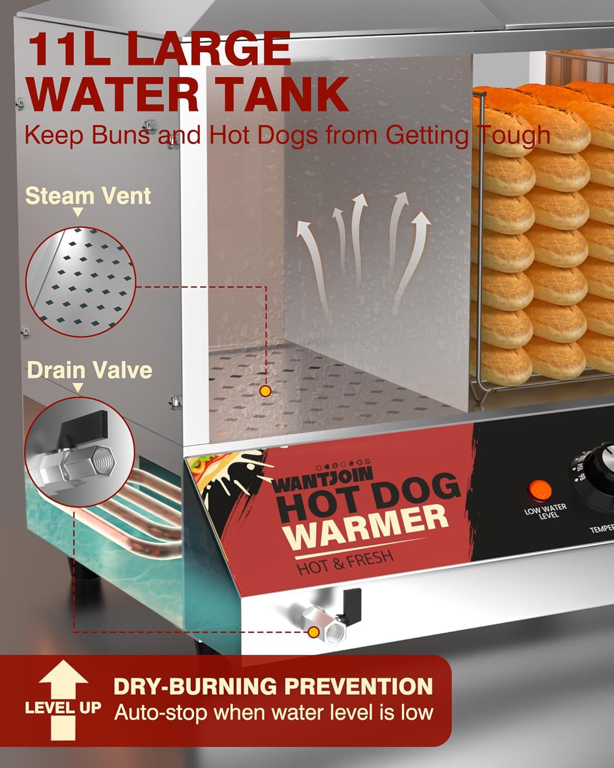 WantJoin 36L Commercial Hot Dog Steamer & Bun Warmer, 1200W