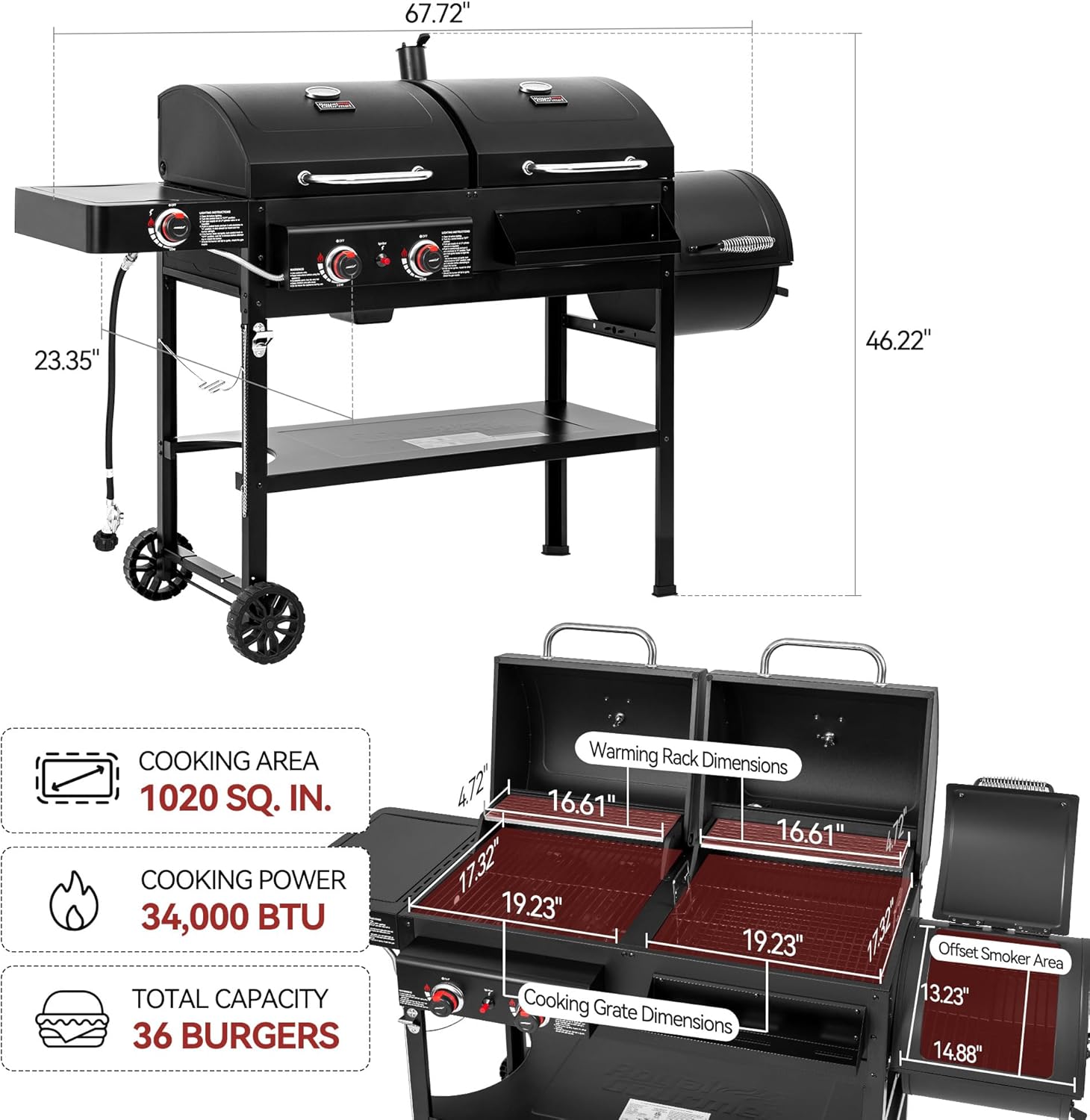 2-Burner Gas & Charcoal Combo Grill with Smoker & Side Burner, 34,000 BTU, 1020 Sq In, Black