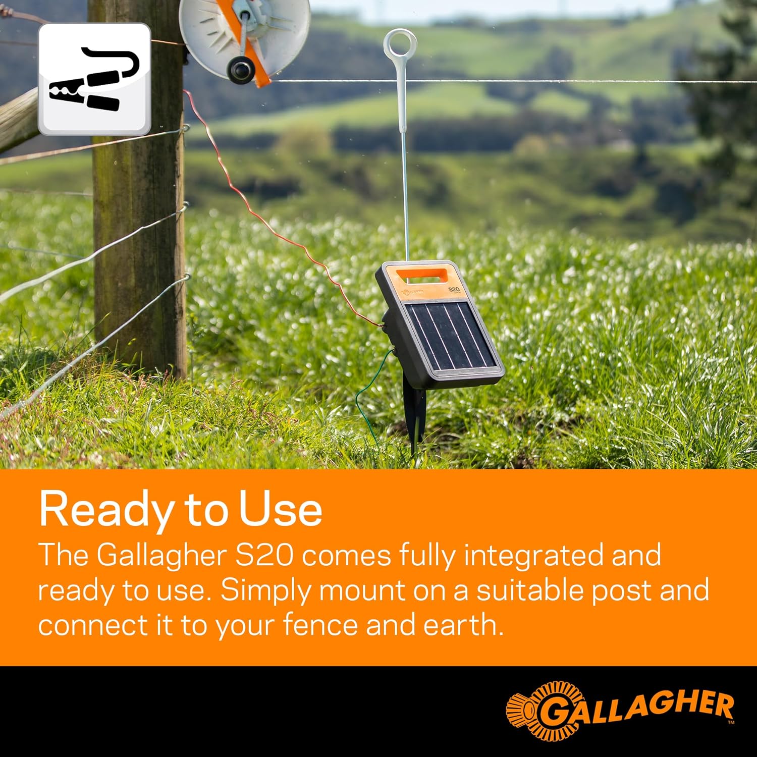 Gallagher S20 Solar Fence Charger, Powers 2 Miles, 0.2 Joule, Lithium Battery