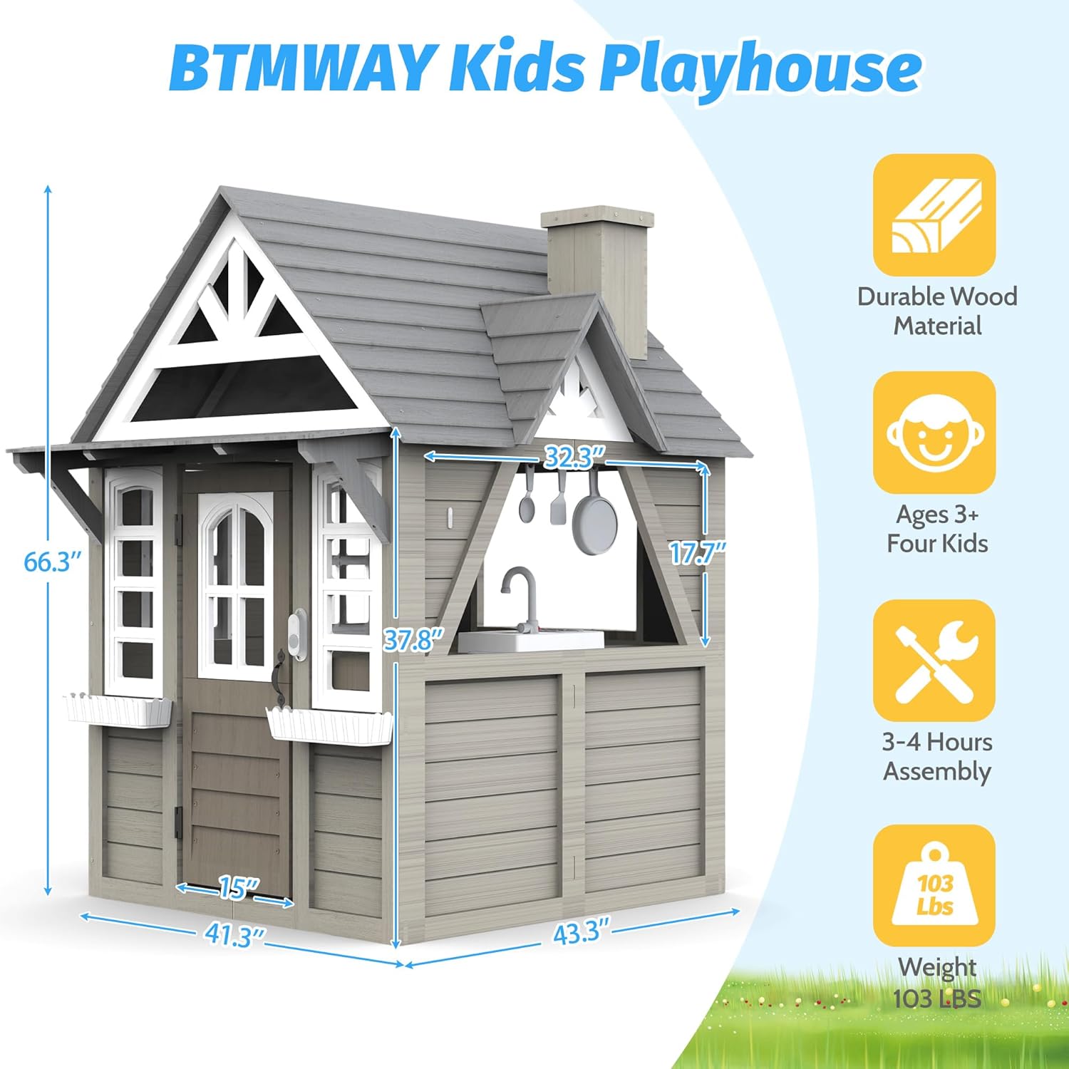 Kids Wooden Outdoor Playhouse with Kitchen & Accessories, Ages 3–8