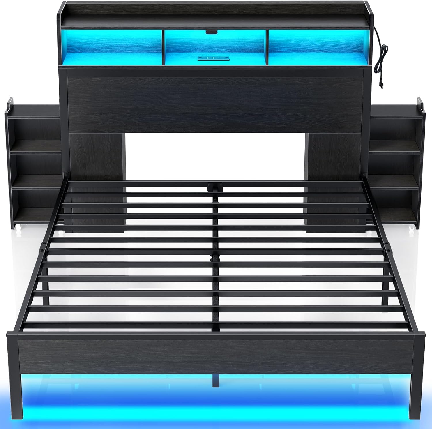 Rolanstar Queen Bed Frame with Storage Headboard & LED, Black