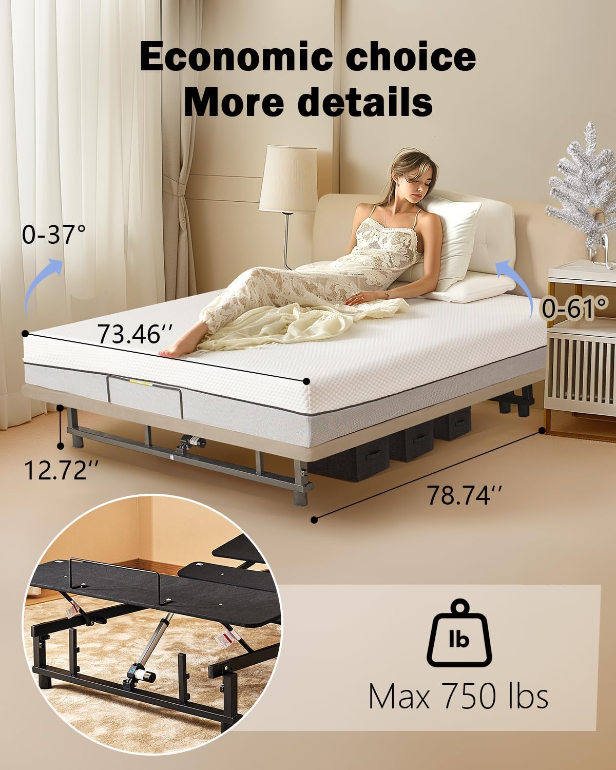 King Size Adjustable Bed Frame with Remote, Head/Foot Incline