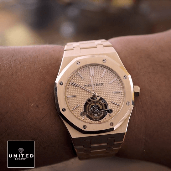 Ap Royal Oak Tourbillion Gold Replica on the man wrist