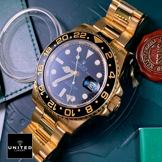 Rolex GMT-Master II 116718LN Gold Watch Black Dial Oyster Replica on the box