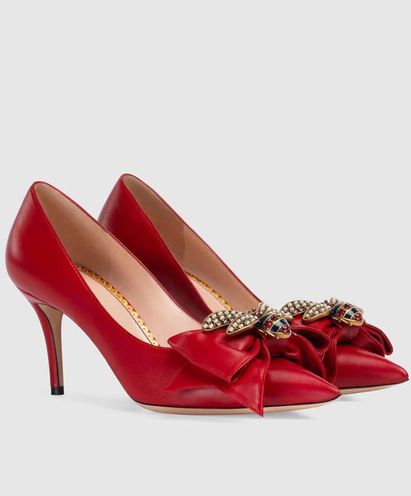 (1:1 replica) Gucci Women s Leather mid-heel pump with bow 496641