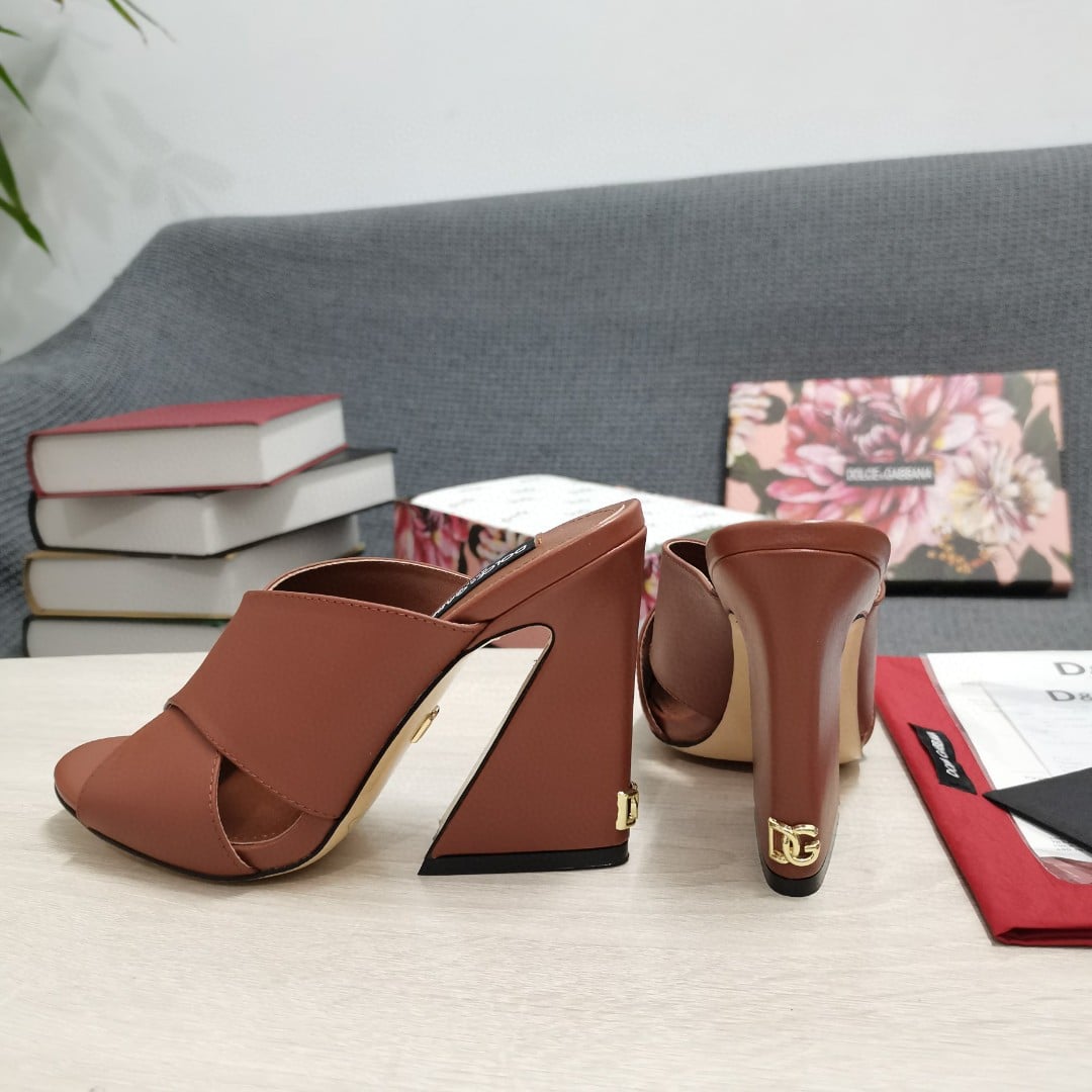 (1:1 replica) Dolce Gabbana Satin Mules With Geometric Heel Brown For Women DG Shoes