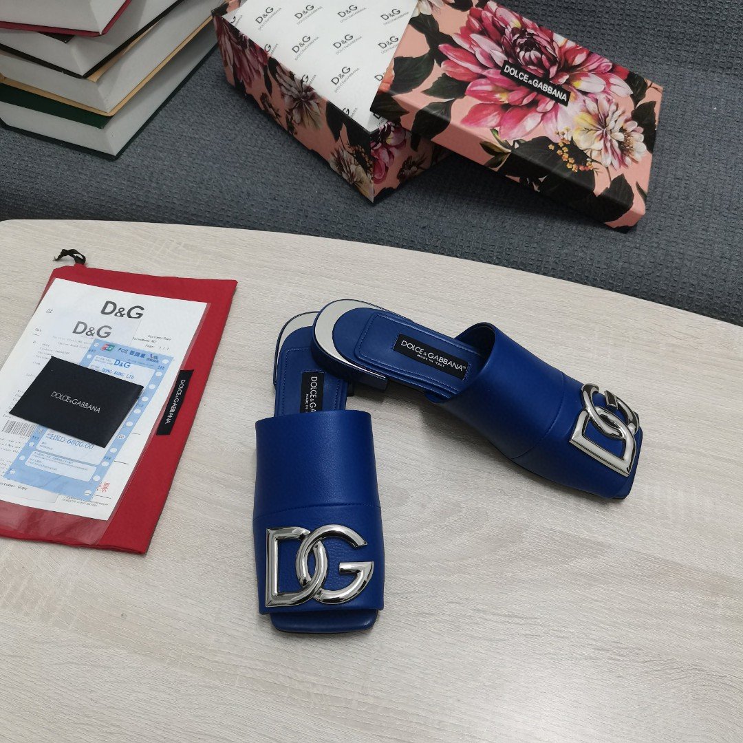 (1:1 replica) Dolce Gabbana Nappa Slides With DG Logo Dark Blue For Women DG Shoes