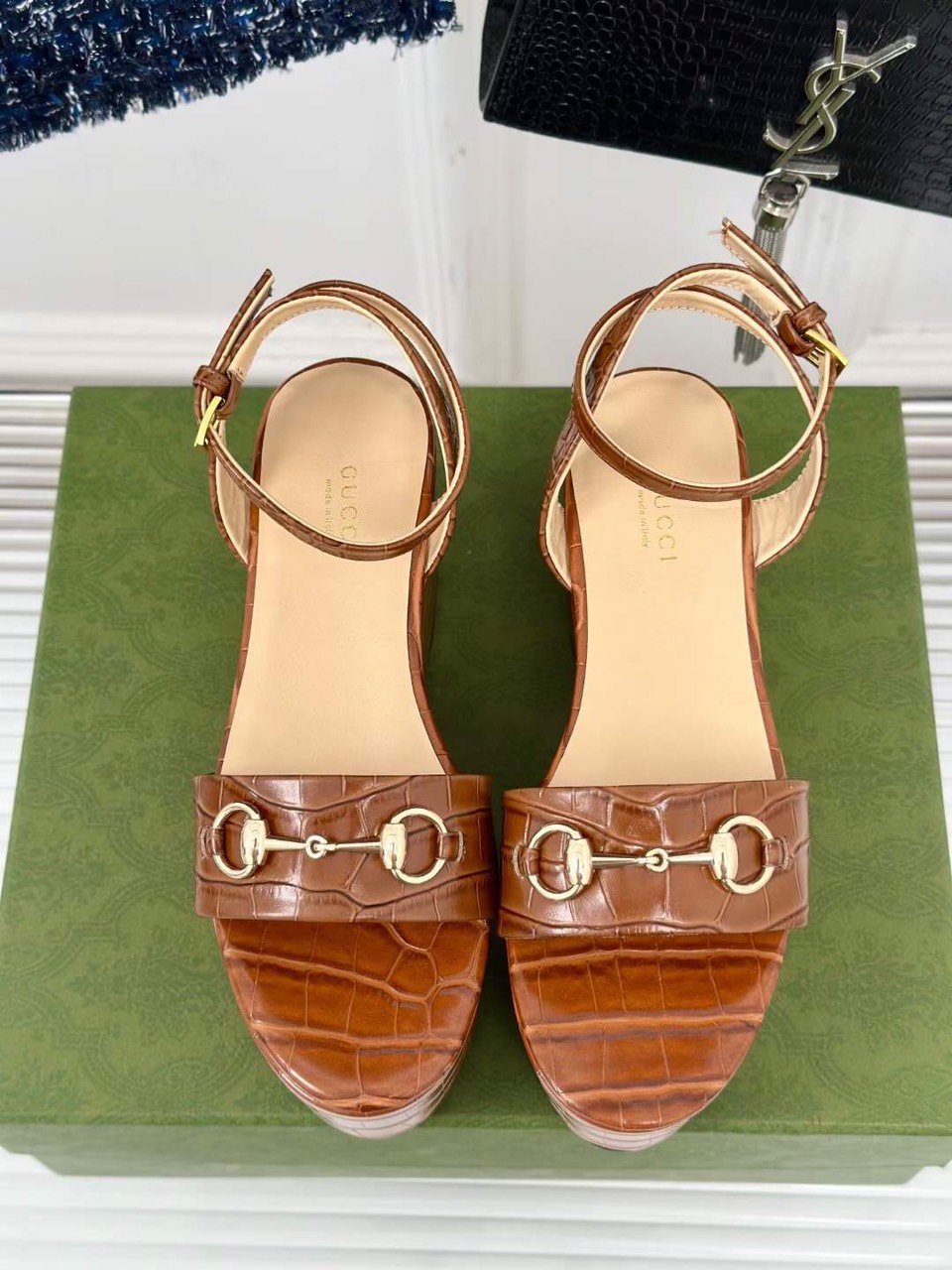 (1:1 replica) Gucci Horsebit Leather Women s Wedge Sandals 7.5cm