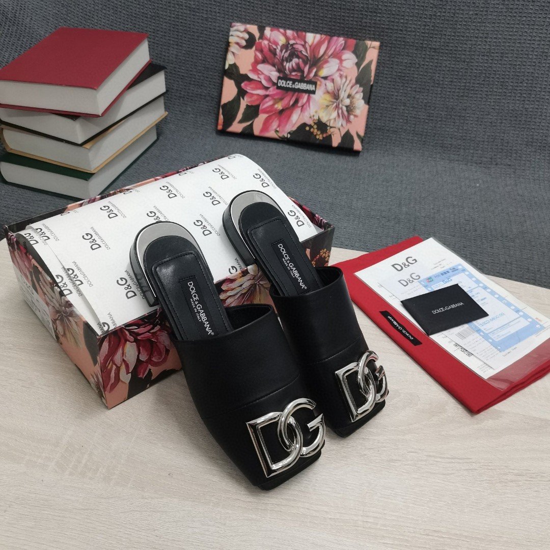 (1:1 replica) Dolce Gabbana Nappa Slides With DG Logo Black For Women DG Shoes