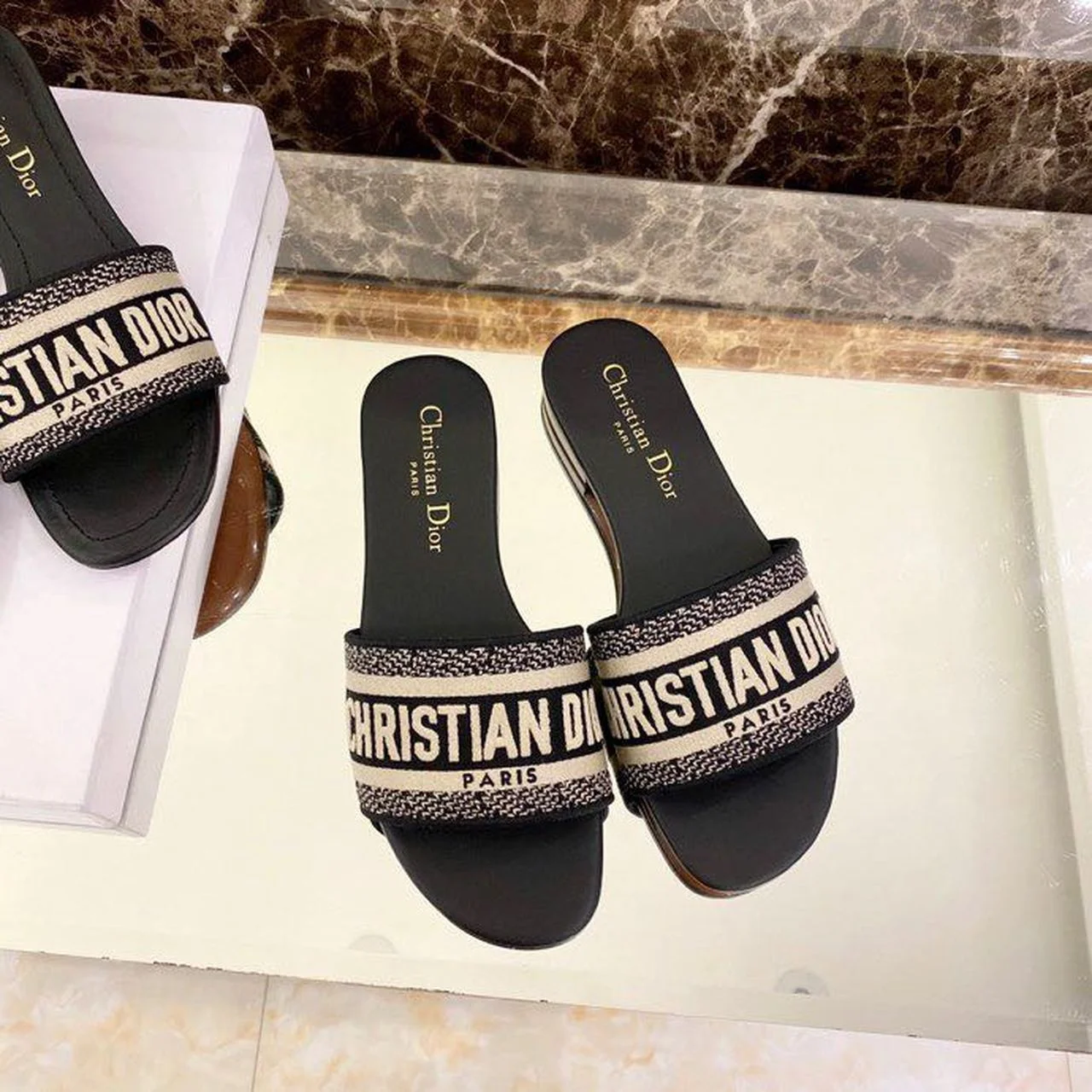 (1:1 replica) Christian Dior Dway Slide Black Embroidered Cotton For Women CD KCQ166ERC_S56B