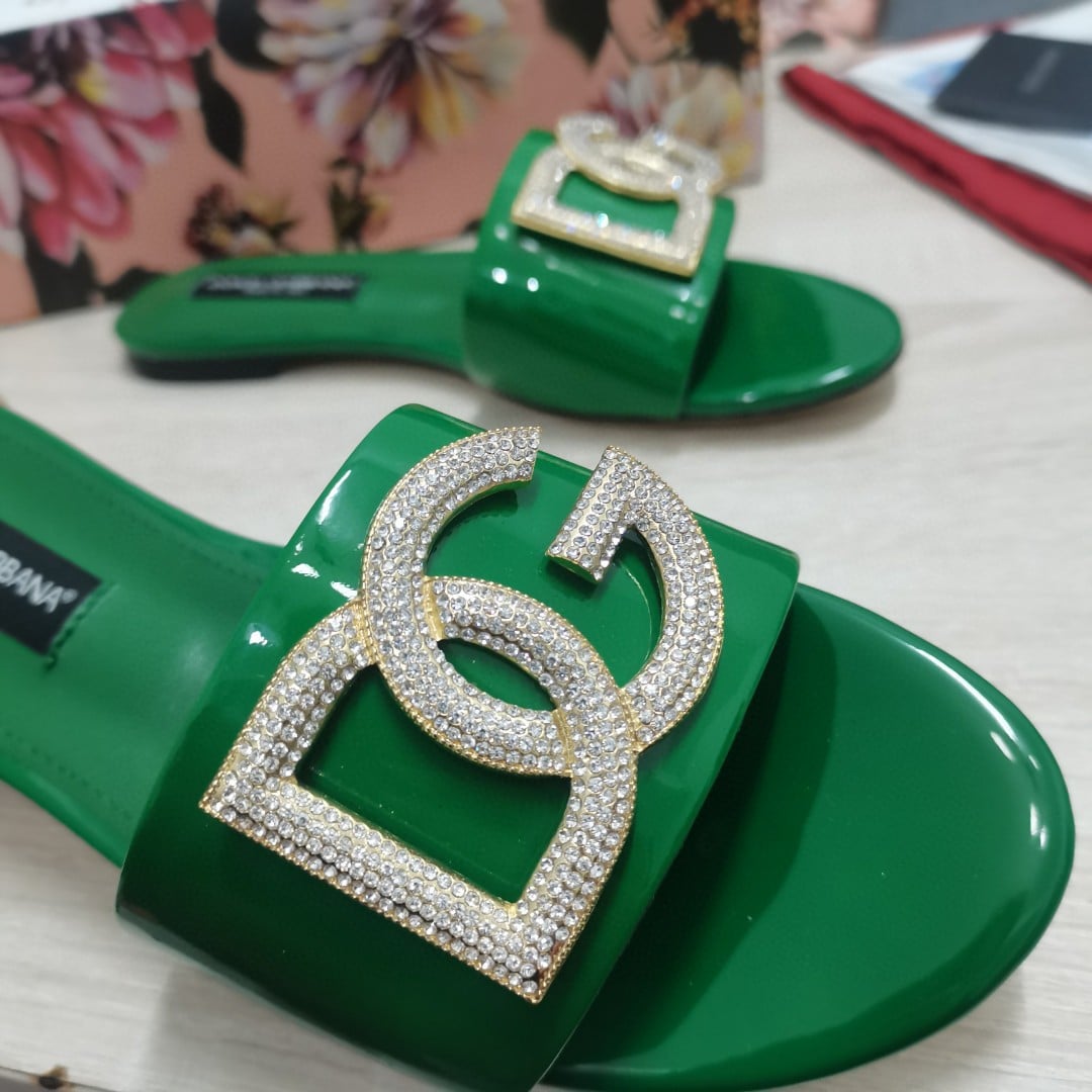 (1:1 replica) Dolce Gabbana Foiled Iguana-Print Slides With Rhinestone-Detailed DG Logo Green For Women DG Shoes
