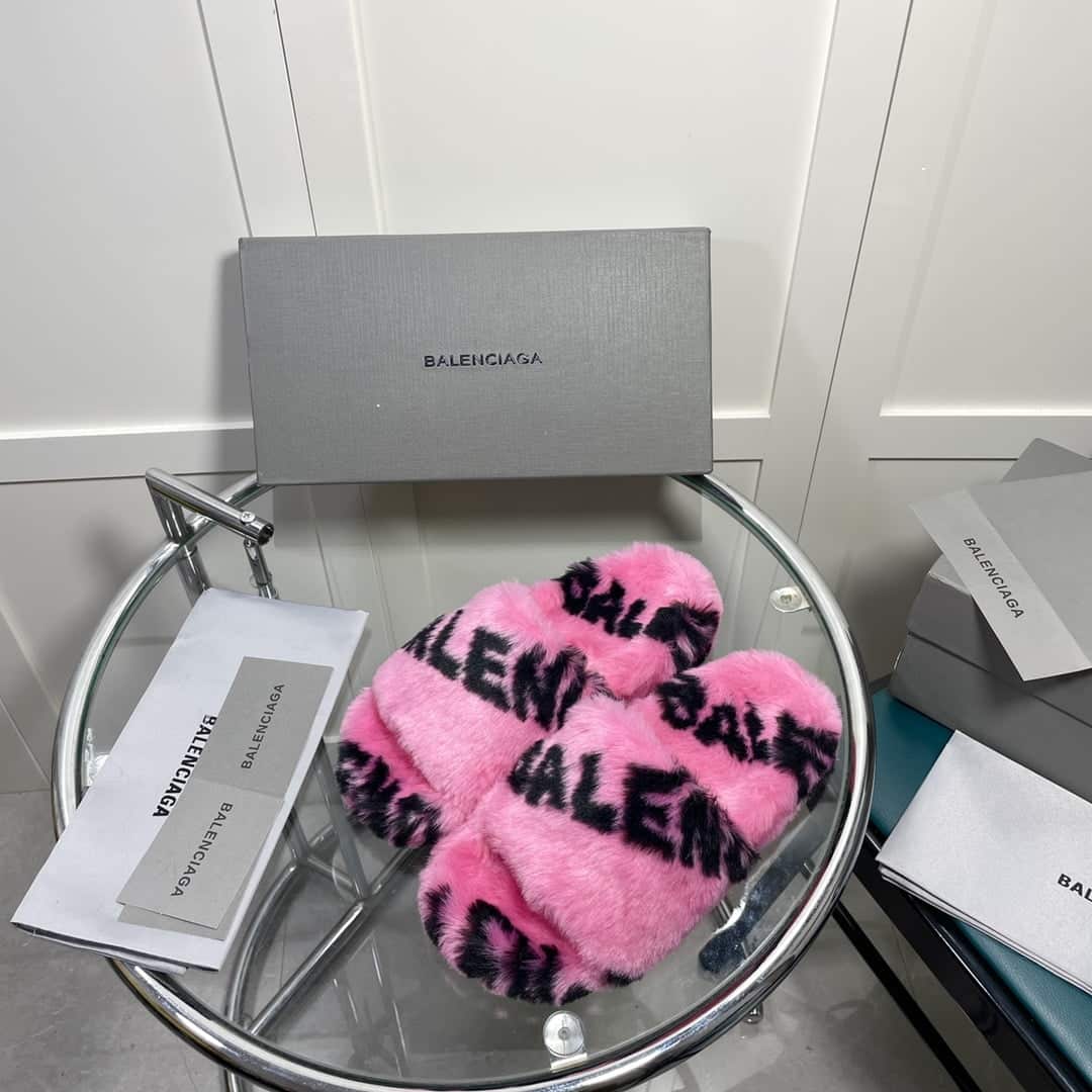 (1:1 replica) Balenciaga Furry Slide Sandal Allover Logo Pink For Women