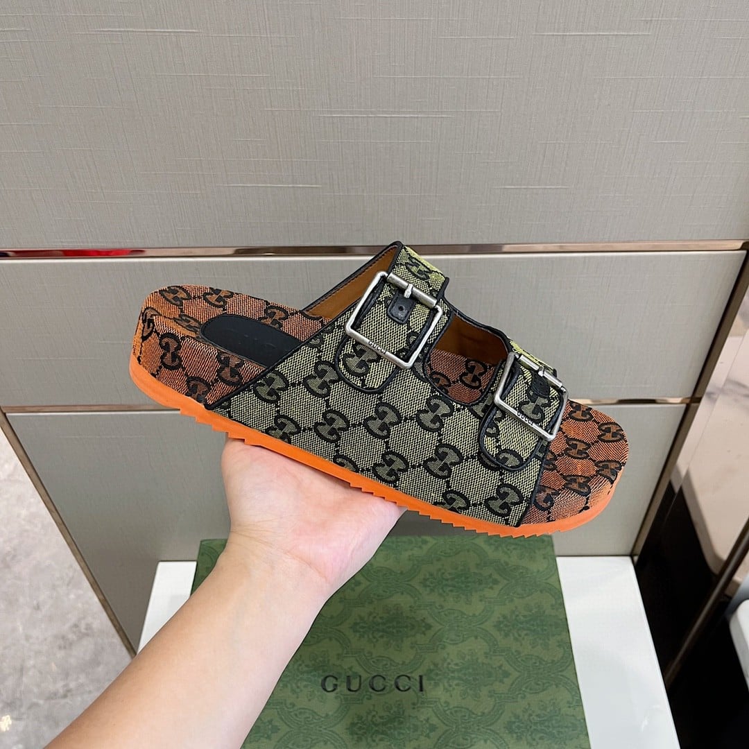 (1:1 replica) Gucci Women s Slide Sandal With Straps Orange And Green For Women 658020 2HK60