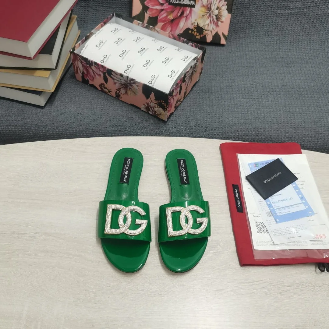 (1:1 replica) Dolce Gabbana Foiled Iguana-Print Slides With Rhinestone-Detailed DG Logo Green For Women DG Shoes