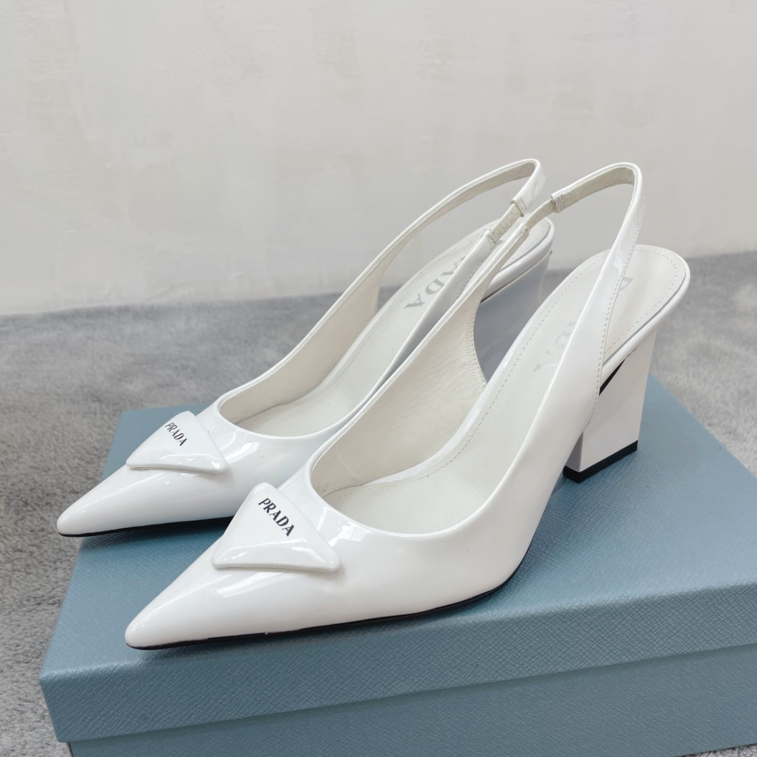 (1:1 replica) Prada Patent Sling-Back Pumps White For Women 3.5in/90mm PRD