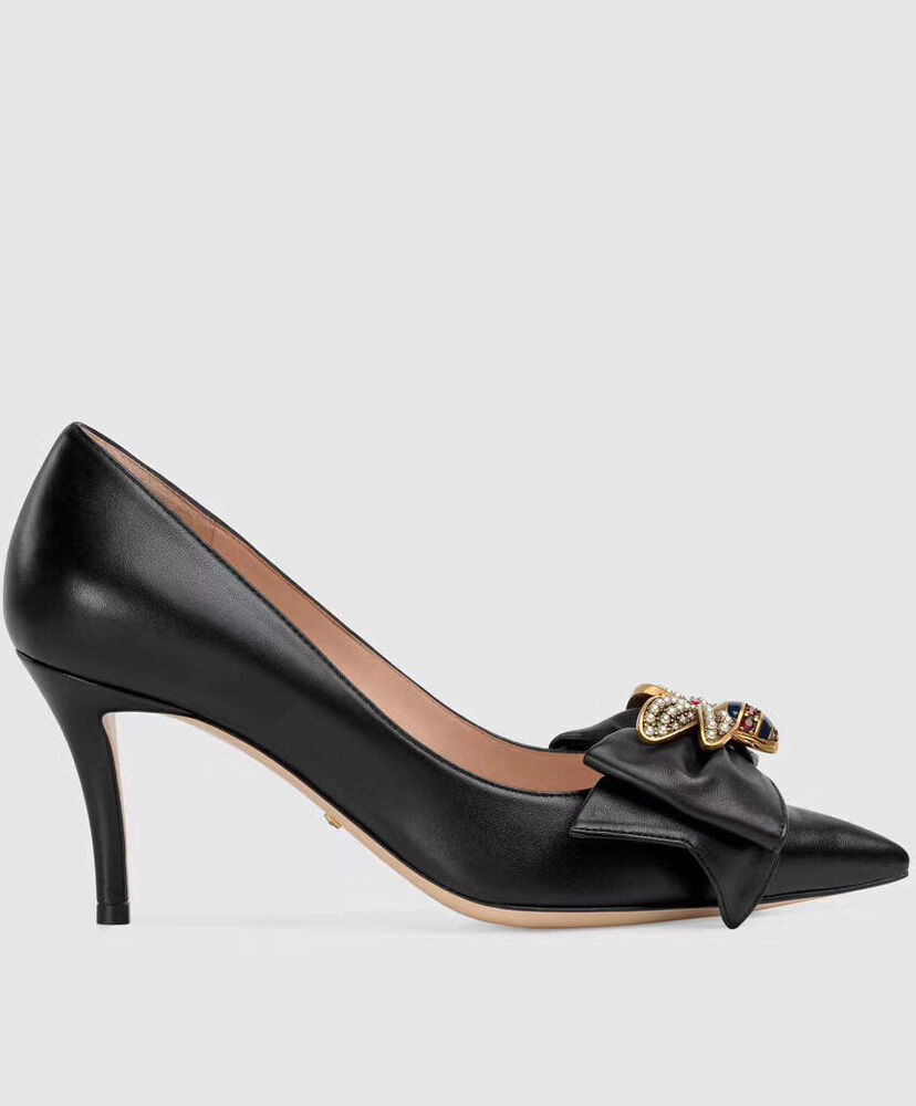(1:1 replica) Gucci Women s Leather mid-heel pump with bow 496641