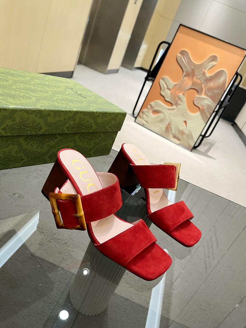 (1:1 replica) Gucci Women s Sandal With Bamboo Buckle Red For Women GG
