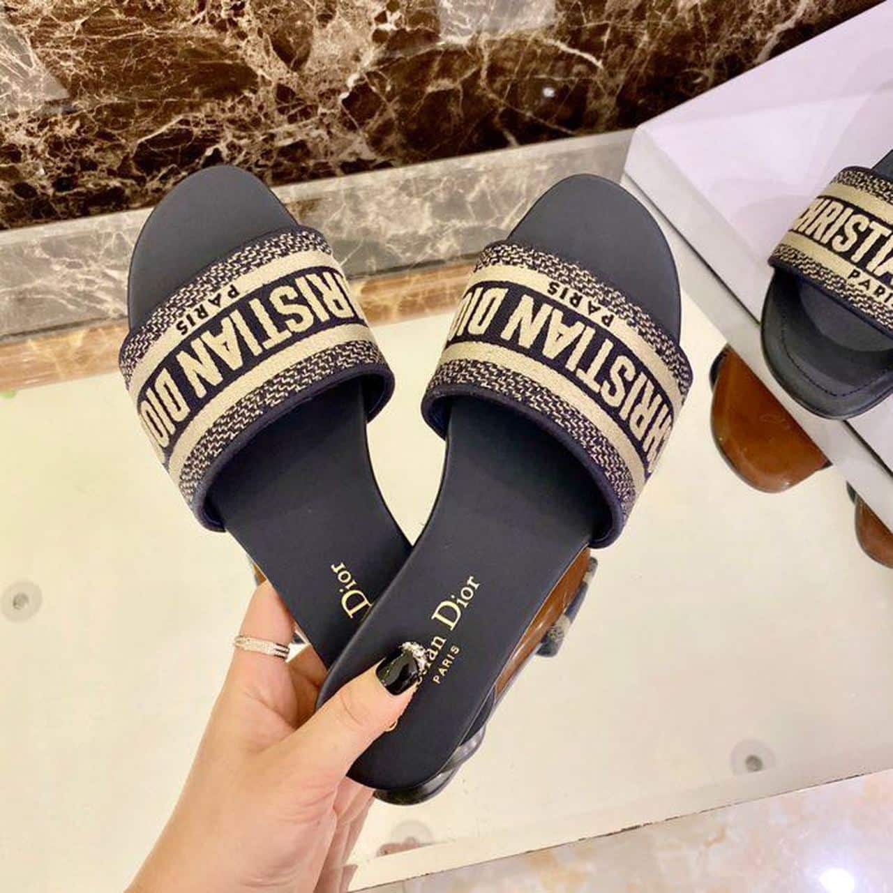(1:1 replica) Christian Dior Dway Slide Deep Blue Embroidered Cotton Deep Blue For Women CD KCQ166ERC_S56B