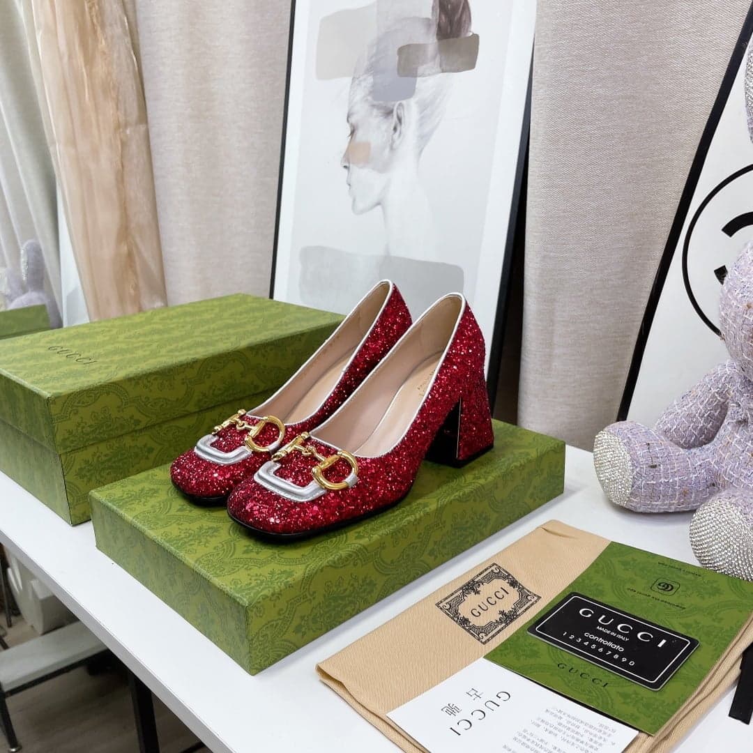 (1:1 replica) Gucci Lovelight Mid-Heel Crystal Ballet Flat With Horsebit Red For Women GG