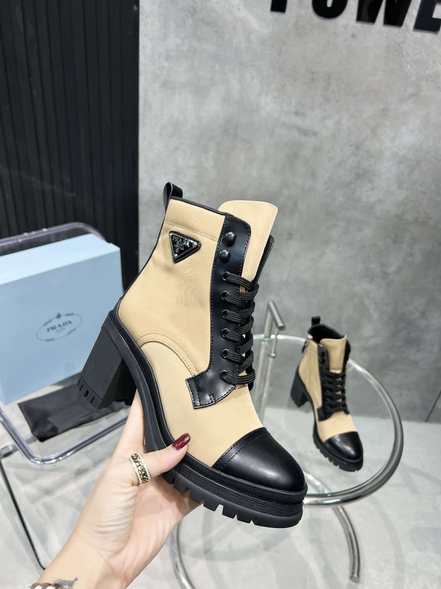 (1:1 replica) Prada Tronchetti Lace-Up Boot Beige For Women PRD