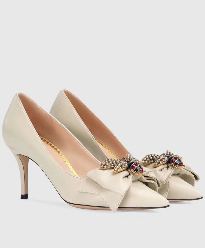 (1:1 replica) Gucci Women s Leather mid-heel pump with bow 496641