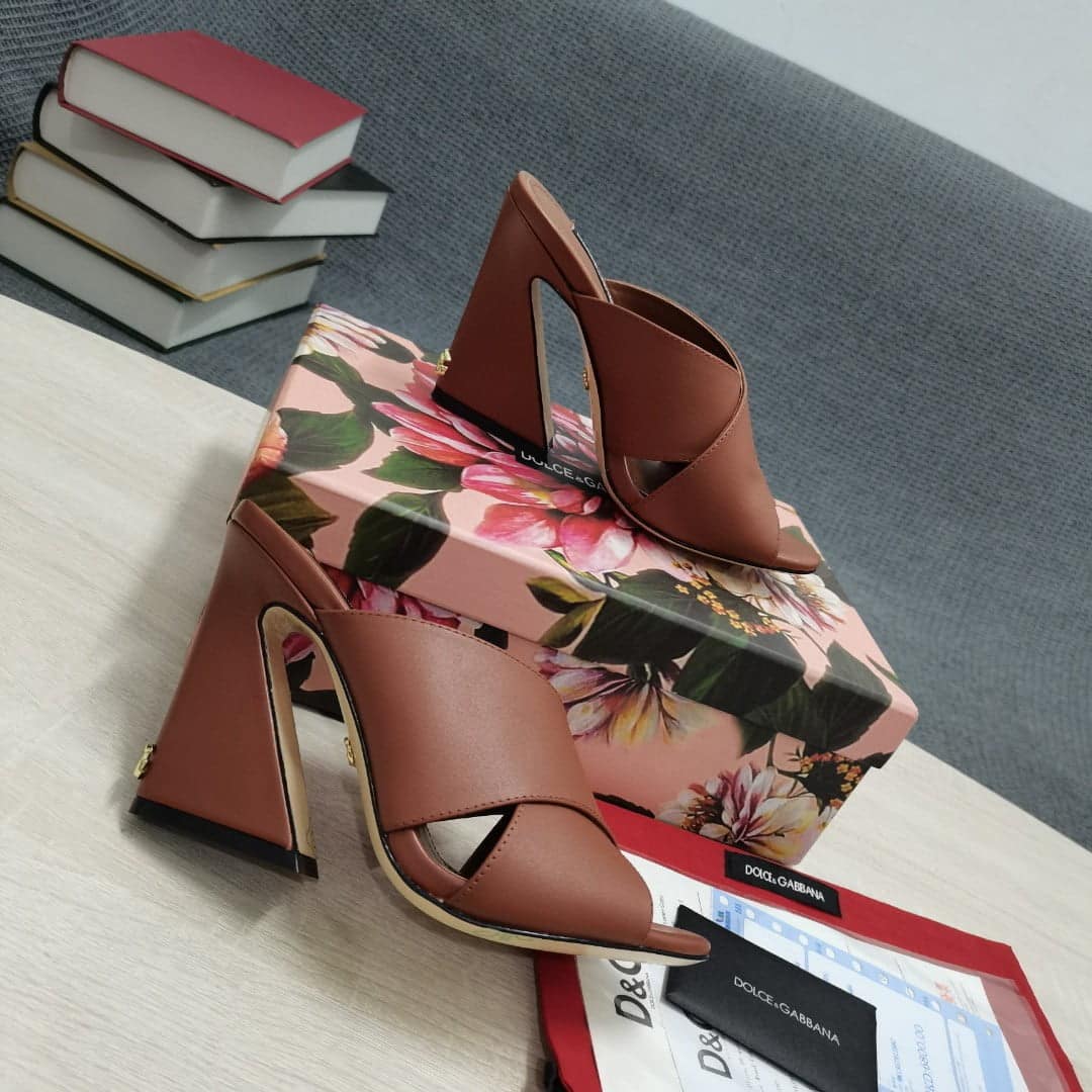 (1:1 replica) Dolce Gabbana Satin Mules With Geometric Heel Brown For Women DG Shoes