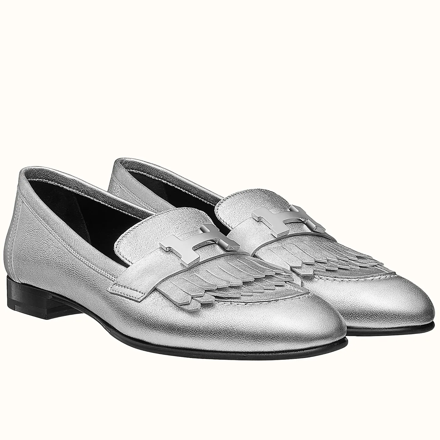 (1:1 replica) Hermes Women s Royal Loafers In Silver Metallic Lambskin HM087