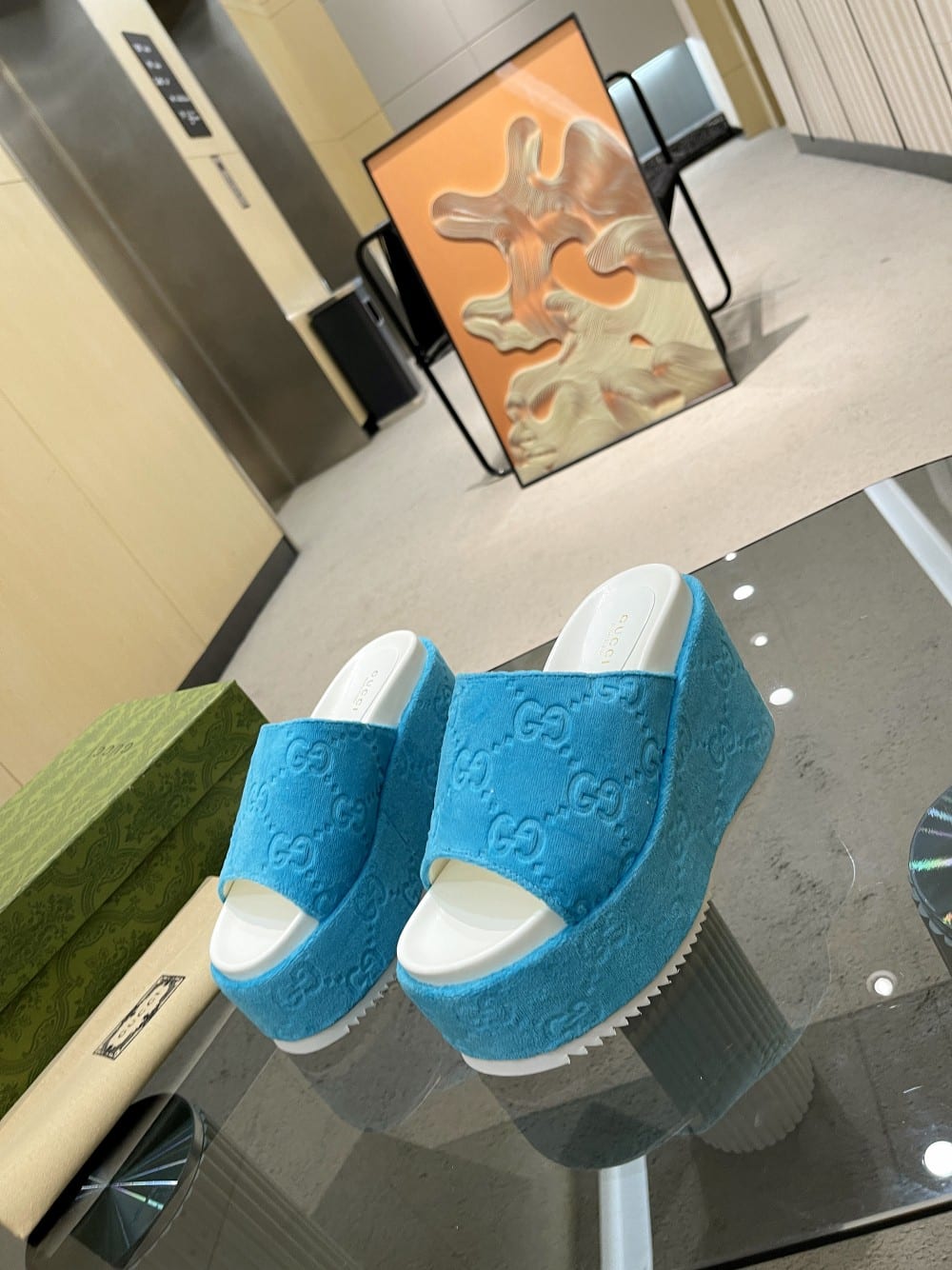 (1:1 replica) Gucci Women s GG Platform Sandal Light Blue For Women GG